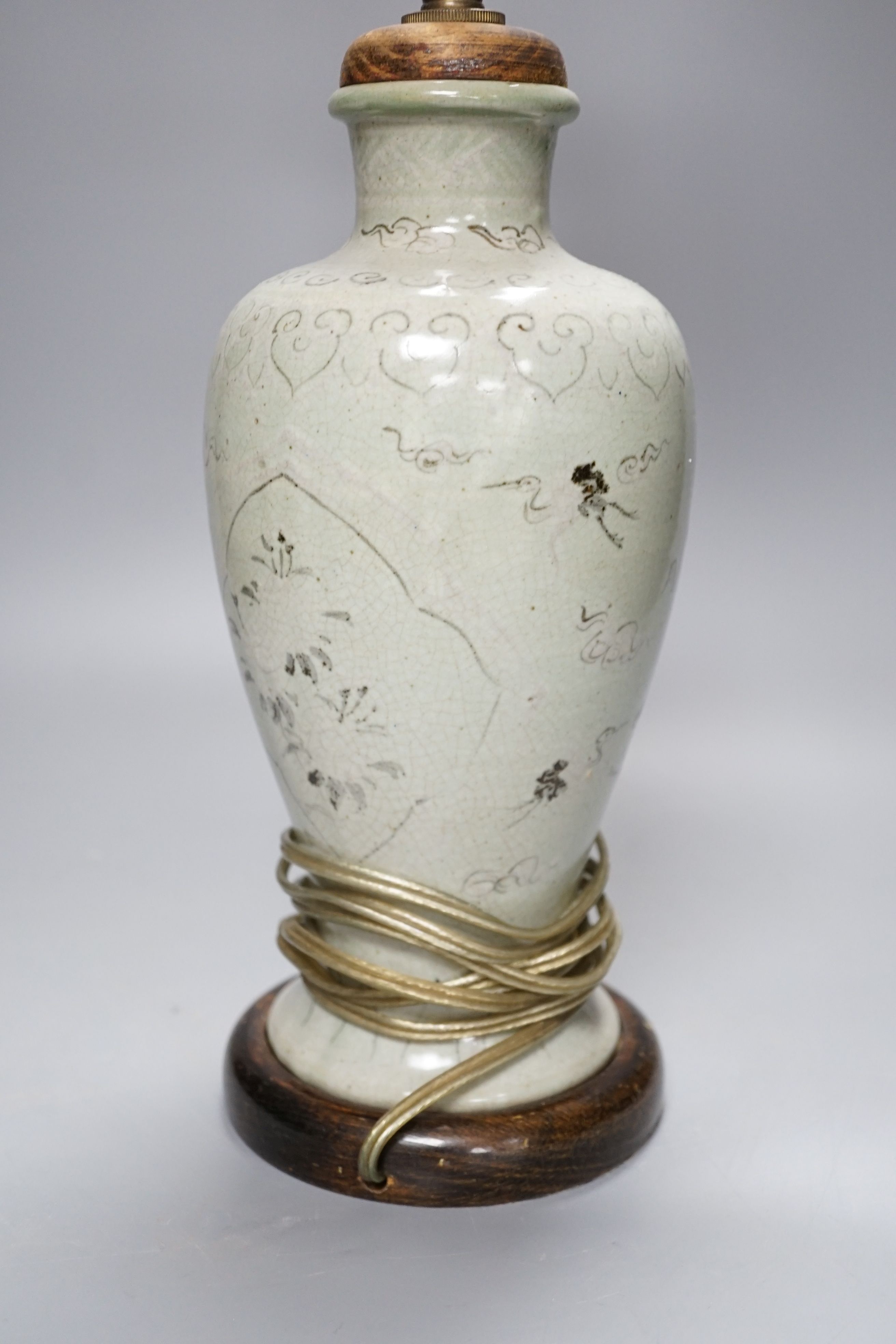 A Korean celadon vase lamp, total height 51cm